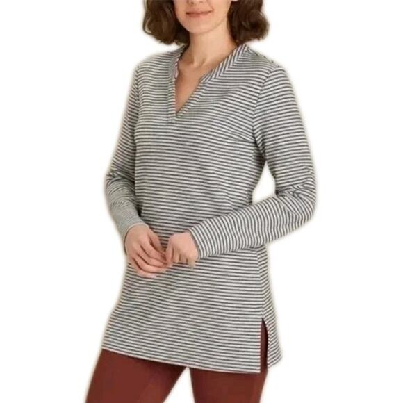 DULUTH TRADING CO Grey Black Stripe Ponte Pro Tunic Long Sleeve Women's XS - Picture 1 of 6